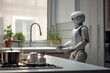 AI Autonomous service Robot as butler or cook in the kitchen, is doing the homework like cooking. Home helper 