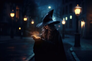 A beautiful young witch in a magical cap and gown in the middle of a night street with lanterns. The witch is holding a smartphone that lights up her face.