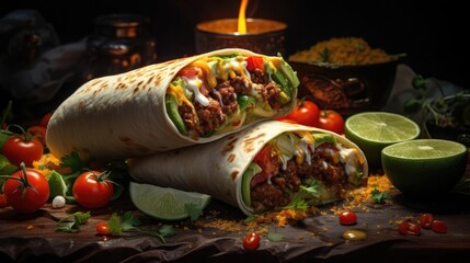 Wall Mural - full of burritos with vegetables and meat on a wooden table with blurred background