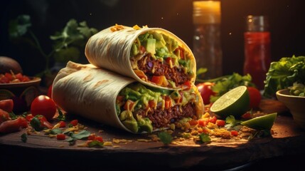 Wall Mural - full of burritos with vegetables and meat on a wooden table with blurred background