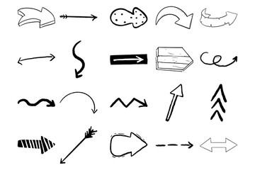 Wall Mural - Set arrow pointer ink lines, textured shapes hand drawn decorative elements in doodle style isolated. Sketch direction icons.
