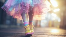 Fabulous Free Spirited Teenager In Colorful Rainbow Pastel Frilly Ballerina Type Costume Dress With Striped Socks And Cute Shoes Walking Down City Subway Station Corridor - Generative AI