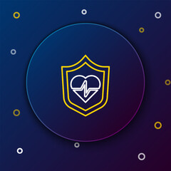 Poster - Line Life insurance with shield icon isolated on blue background. Security, safety, protection, protect concept. Colorful outline concept. Vector