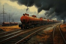 Scene Depicting Trains Carrying Oil Tank Cars On Tracks. Generative AI