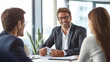 © tong2530 - A businessman or financial advisor meeting with clients in an office, discussing finances, mortgages, and investing strategies. Personal financial management and advisory services. Generative Ai