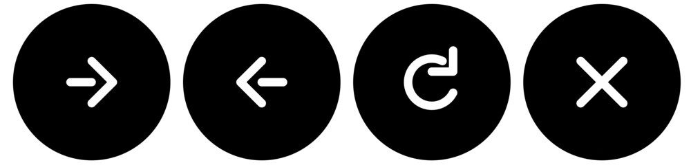 silhouette web button icon set, next page, previous page, reload or refresh button, and close or sto