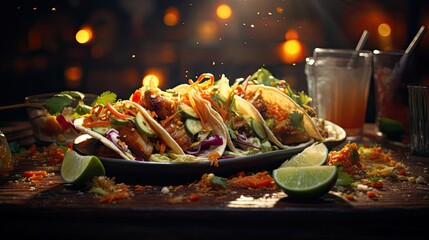 Poster - tacos filled with vegetables, meat and melted mayonnaise on a wooden table with blurred background