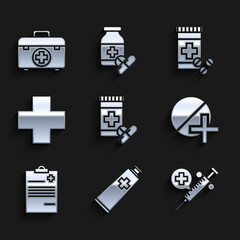 Sticker - Set Medicine bottle and pills, Ointment cream tube medicine, Medical syringe with needle, or tablet, clipboard clinical record, Cross hospital medical, and First aid kit icon. Vector