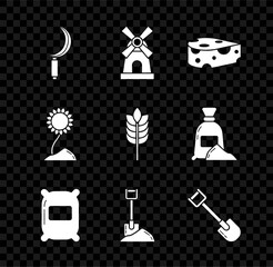 Wall Mural - Set Sickle, Windmill, Cheese, Bag of flour, Shovel the ground, Sunflower and Cereals with rice, wheat, corn, oats, rye icon. Vector