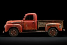 Side View 3D Render Of A Vintage Red Pickup Truck In A Rusty Condition, Standing Alone On A Transparent Background. Generative AI