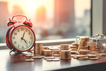 Alarm clock and stacked coins on wooden desk on the background of business buildings. Concept of opportunity cost time, business planning and finance. Time for saving concept. Generative AI