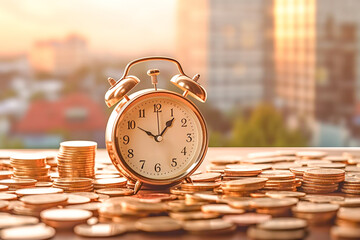 Alarm clock and stacked coins on wooden desk on the background of business buildings. Concept of opportunity cost time, business planning and finance. Time for saving concept. Generative AI