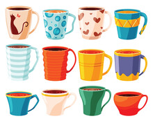 Cup Tea Coffee Icon Set. Cute Trendy Crockery With Handle For Drink. Vintage Teacup Collection. Hand Drawn Colored Trendy Vector Illustration In Cartoon Style