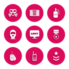 Poster - Set Military army, Walkie talkie, rank, reward medal, dog tag, Balaclava, Hand grenade and Gas mask icon. Vector