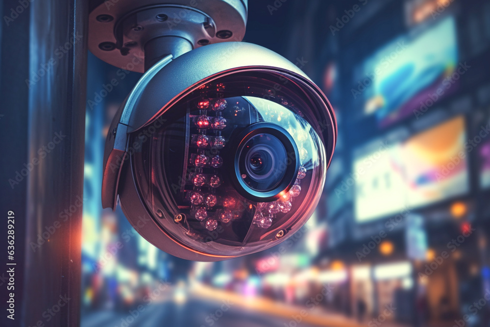 Outdoor surveillance camera on the street with office buildings. CCTV ...