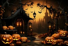 Seasonal Allure Backdrop Sets A Halloween Mood With An Array Of Decorative Pumpkins Generative AI