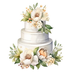 Poster - Watercolor wedding cake with flowers isolated.