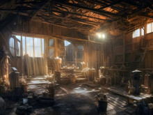 The Interior Of A Large Derelict Old Wooden Rural Barn With Atmospheric Sunlight Coming Through Windows And Scattered Farm Equipment And Clutter
