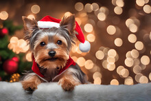 Yorkshire Terrier Dressed As Santa On Christmas Background With Bokeh
