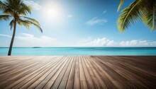 Wooden Deck On Tropical Beach With Palm Trees And Blue Sky Background