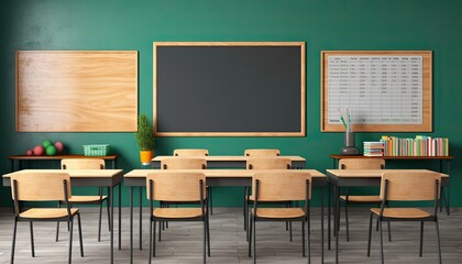 Interior of modern school classroom with green chalkboard. Education concept
