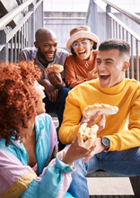 Friends, Hotdog And People Eating Outdoor For Travel, Funny Laugh And Fun On Stairs. Diversity, Happiness And Gen Z Group Of Men And Women With Food On Date, Adventure And Freedom In Urban Town