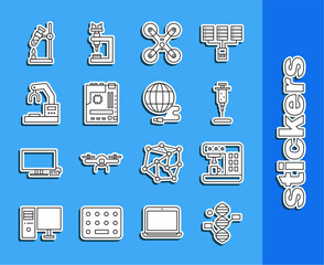 Sticker - Set line DNA symbol, Coffee machine, Syringe, Drone flying, Motherboard, Robotic robot arm hand factory, Test tube flask fire and Social network icon. Vector