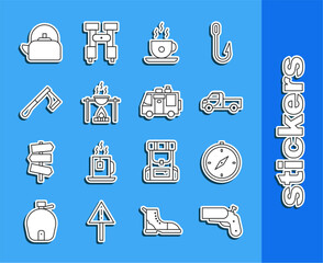 Poster - Set line Flare gun pistol, Compass, Pickup truck, Coffee cup, Campfire and pot, Wooden axe, Kettle with handle and Rv Camping trailer icon. Vector