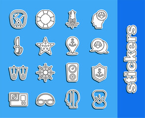 Sticker - Set line Shell with pearl, Anchor inside shield, Scallop sea shell, Octopus, Starfish, Knife, Diving mask and Location anchor icon. Vector