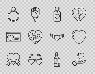 Poster - Set line Heart, in hand, tag, shaped love glasses, Wedding rings, Champagne bottle and icon. Vector