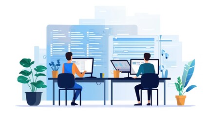People sitting in front of the computer and write computer code illustration