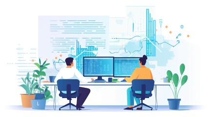 People sitting in front of the computer and write computer code illustration