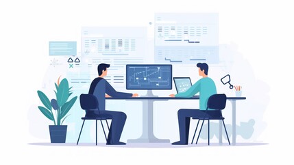 People sitting in front of the computer and write computer code illustration