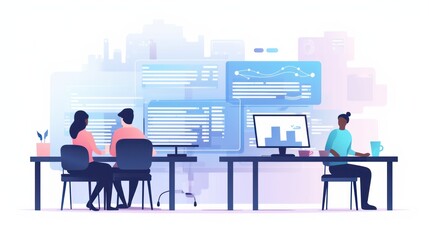 People sitting in front of the computer and write computer code illustration
