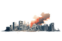 Destroyed City Demolished Buildings Fire Smoke Isolated Illustration