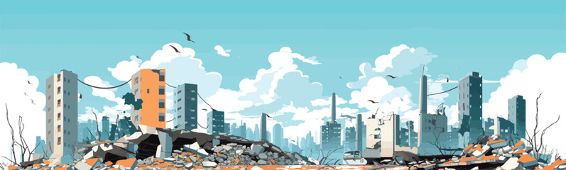 Wall Mural - destroyed city demolished buildings vector flat isolated illustration