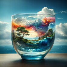 A Cup Of Water With A Sea Inside It ,a Plants And Clouds Above It As If It Were Another World