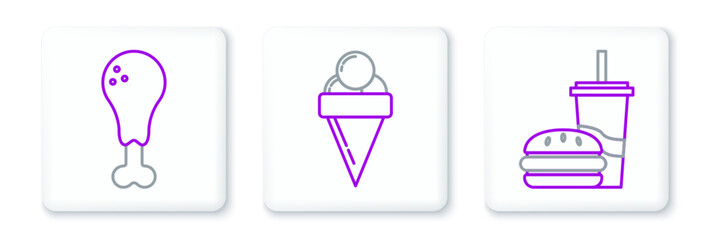 Poster - Set line Paper glass with drinking straw and burger, Chicken leg and Ice cream waffle cone icon. Vector