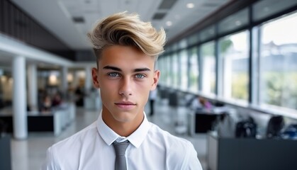 Wall Mural - Beautiful young blond haired businessman wearing white T-shirt and tie, looking at camera while standing in office building.