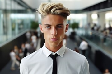 Wall Mural - Beautiful young blond haired businessman wearing white T-shirt and tie, looking at camera while standing in office building.