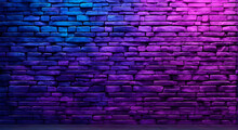Neon Blue To Purple Brick Wall Background.