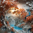 An artistic painting made of paper, a landscape of a lake, plants and waves