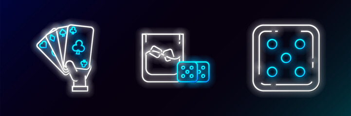 Poster - Set line Game dice, Hand holding playing cards and glass of whiskey with cubes icon. Glowing neon. Vector