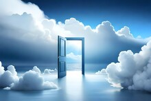 3d Render, White Fluffy Clouds Going Through, Flying Out, Open Door, Objects Isolated On Blue Background. Door To Haven Abstract Metaphor, Modern Minimal Concept. Surreal Dream Scene