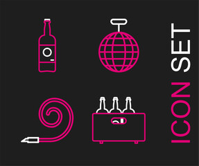 Poster - Set line Bottles of wine in a wooden box, Birthday party horn, Disco ball and Beer bottle icon. Vector