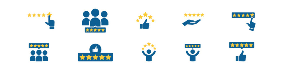 Five stars rating. Feedback vector set. Happy client. Customer satisfaction. Positive evaluation. Best rate.