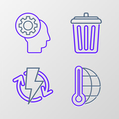 Sticker - Set line Meteorology thermometer measuring, Recharging, Trash can and Human head with gear inside icon. Vector