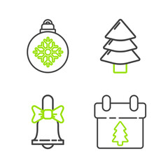 Poster - Set line Calendar, Merry Christmas ringing bell, tree and ball icon. Vector