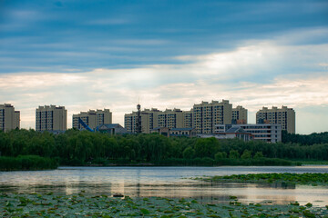 Wall Mural - In the evening, dark clouds enveloped the sky above the city park, revealing an orange sunset scene