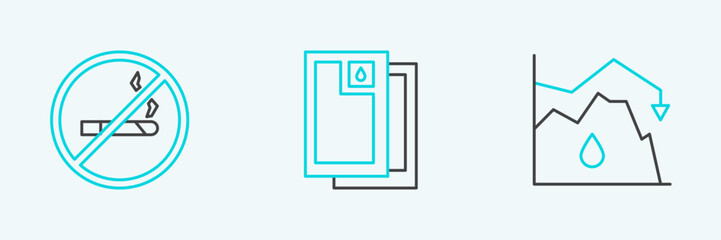 Poster - Set line Drop in crude oil price, No Smoking and Barrel icon. Vector